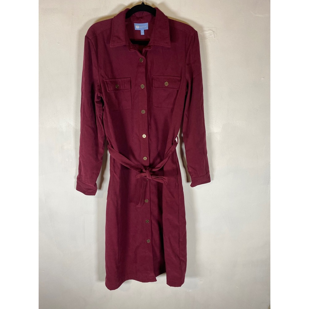 Koret Burgundy Faux Suede Shirt Dress‎ Belted Midi Long Sleeve Size 10 Modest